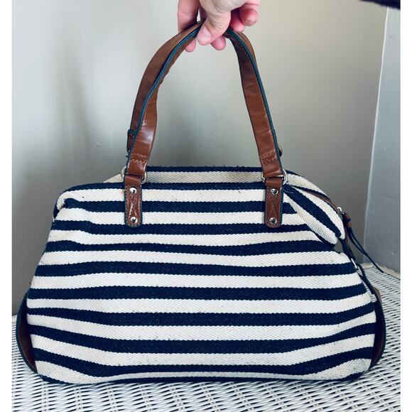 b. bag Cream and Navy Blue Striped Bag Tote Purse - Picture 8 of 11